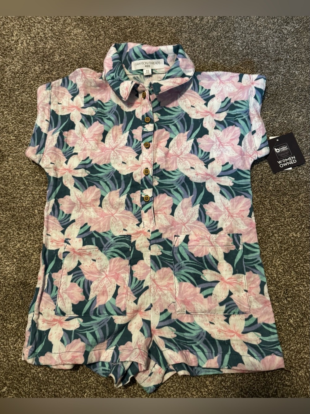 Grayson Threads Girls Extra Small 4/5 Green romper Pink tropical flowers cotton
